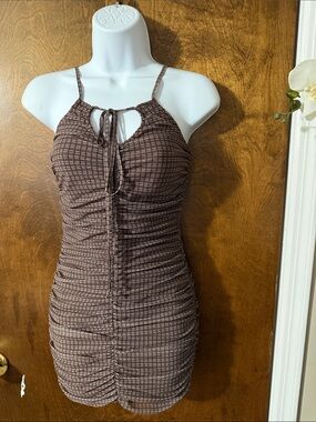 Motel Rocks Brown Ruched Square-Print Spaghetti Strap Mini Dress